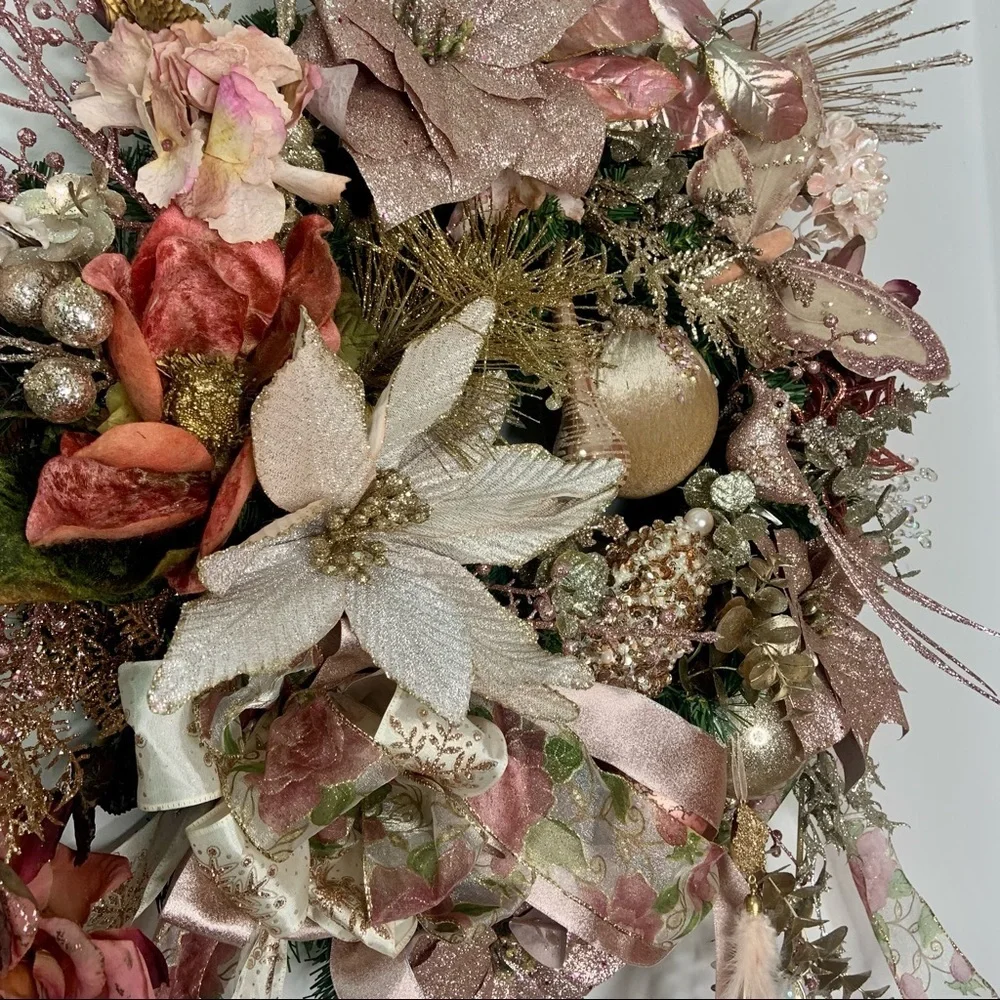Rose Gold Blush Christmas Poinsettias Door Wall Wreath Romantic Victorian Wreath